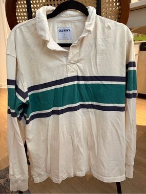 Old Navy Cream Rugby Shirt with Teal & Navy Stripes